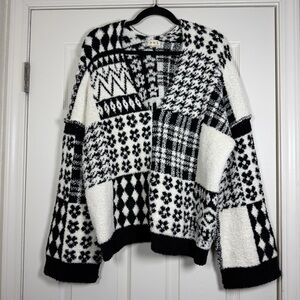 POL Small Patchwork Bandana Plush V-Neck Sweater Oversized Comfy Cozy